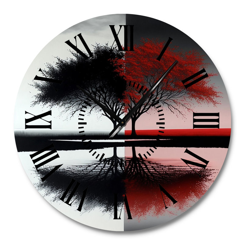 Horloge murale rouge et noire avec arbres abstraits au bord du lac, Grand