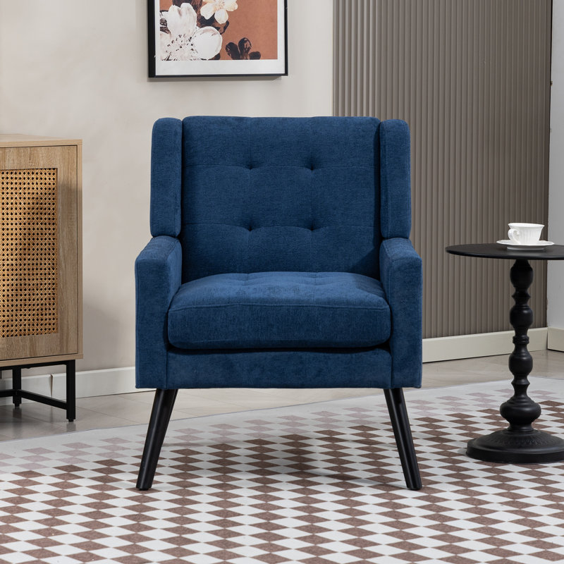 Fauteuil capitonné à dossier large rembourré, Lin bleu marin