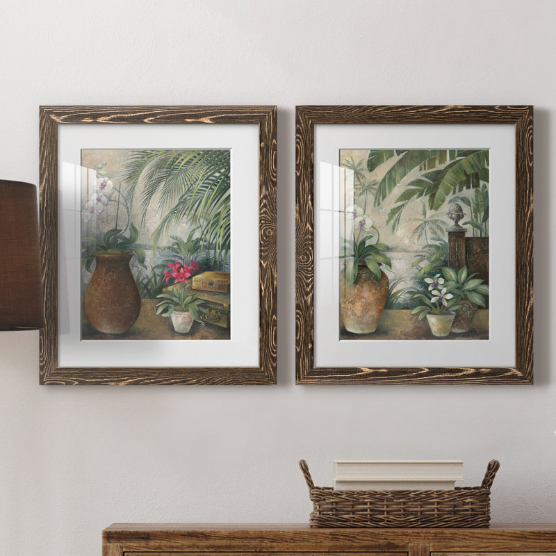 Orchidées au paradis I - ensemble de 2 reproductions d'art graphique, H 20 po x l 17 po x P 1 po, Papier, cadre noyer, Blanc