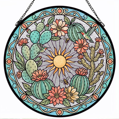 Cactus Sun Stained Glass Window Panel，7.8H