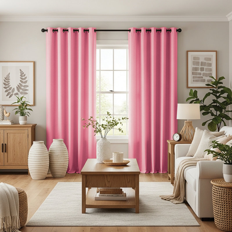 Jeffro Pair of Eyelet Blackout Curtain Panels, 228.6cm Width x 137.16cm Drop, Pink