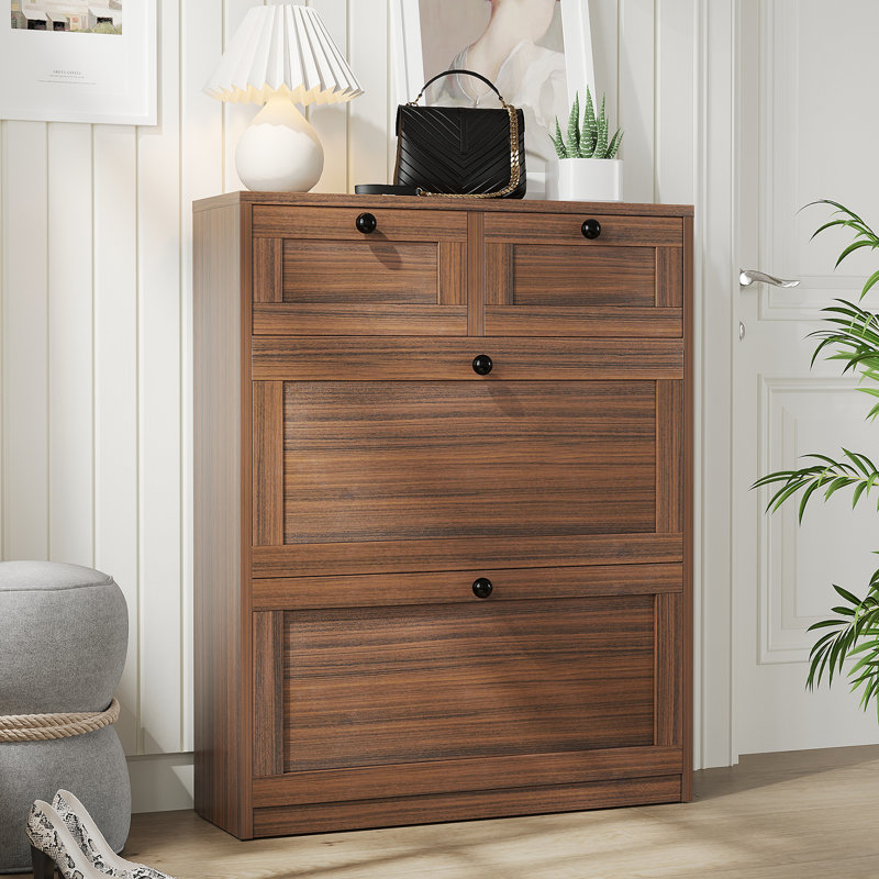 Armoire de rangement pour chaussures 12 paires avec 2 tiroirs, Noyer
