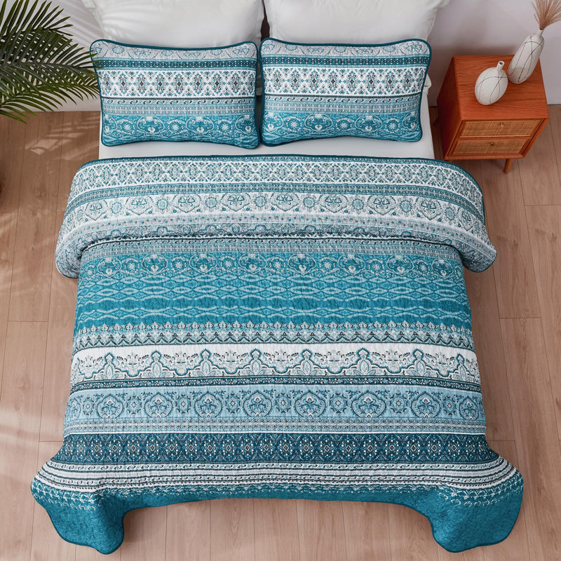 Set of 3 Boho Bohemian Quilt Set Lightweight Reversible Microfiber Bedspread Coverlet All Season Bed Decor, Teal/Blue