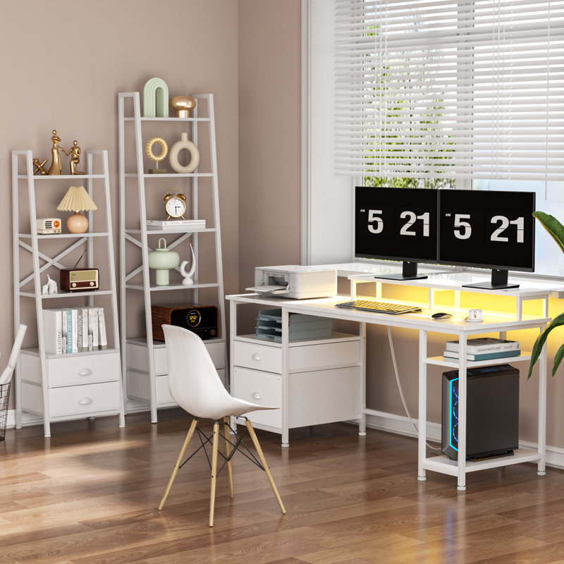 Computer Desk With Led Lights And Power Outlets, Gaming Desk With Monitor Stand,Home Office Writing Desk With Storage