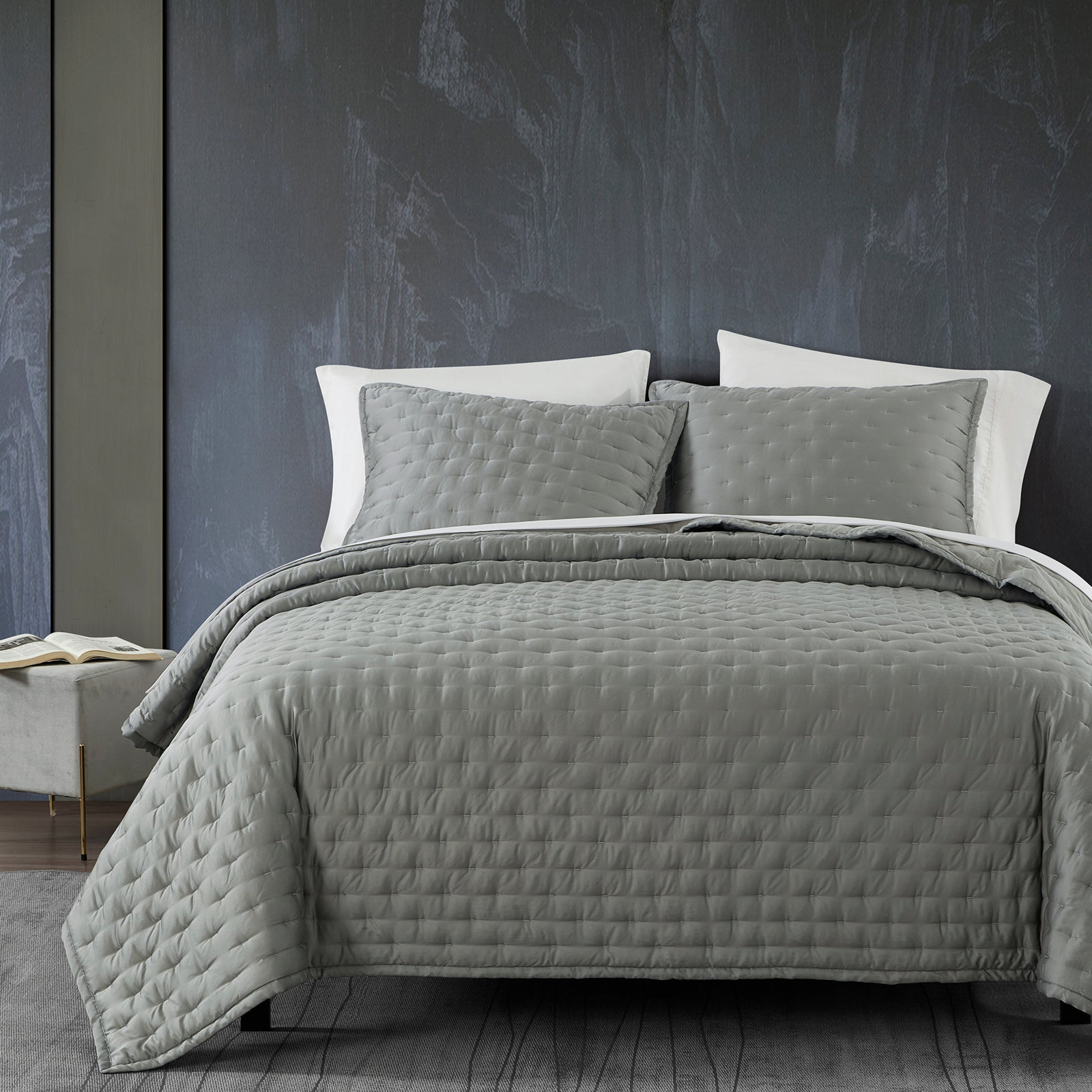 Riggi Pintuck Silky Soft Modern Contemporary Quilt Set, Sage, King Quilt + 2 King Shams