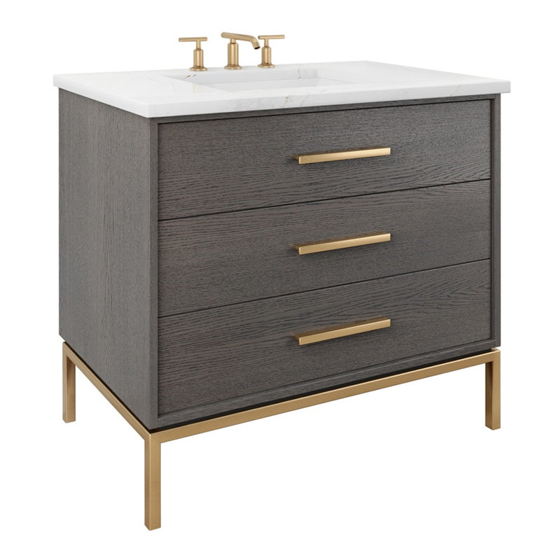 Rift White Oak Three-Drawer Single Bath Vanity, 30", Gray Weathered, Satin Gold