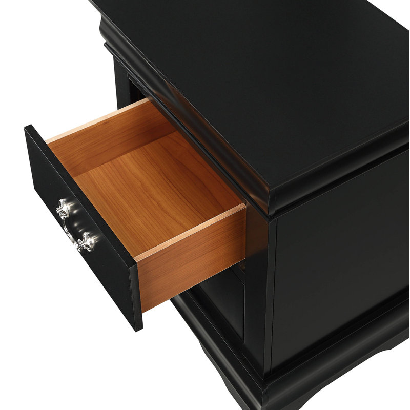 1Pc Two Drawers Louis Philip Nightstand Solid Wood Contemporary & Simple Style, Black 1