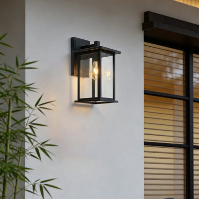 Modern 15-Inch Outdoor Wall Lamp with Clear Glass Shade- Textured Black Finish, ETL Wet Rated for Entryway or Garage