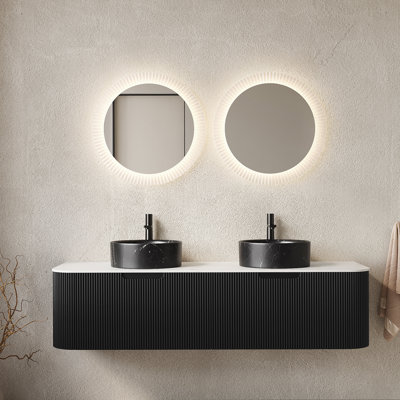 Meuble-lavabo de 60 po avec lavabo et lavabos 60 po, 2 tiroirs, 2 lavabos ronds en céramique et un plateau en pierre frittée blanc de Carrare, pré-assemblé, couleur noire