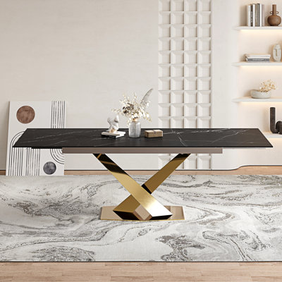 63" To 94.5" Extendable Dining Table For 8-10 With Rectangular Sintered Stone Dining Top And Stainless Steel Base