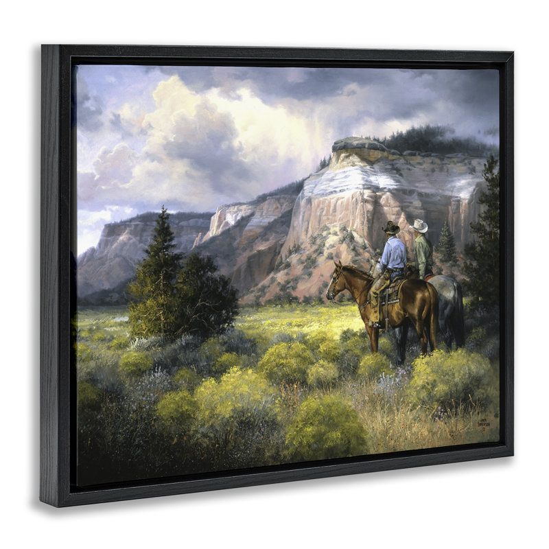 Art mural sur toile Western Cliff and Cowboys, conception par Jack Sorenson, Cadre flottant noir de jais, H 17 po x l 21 po