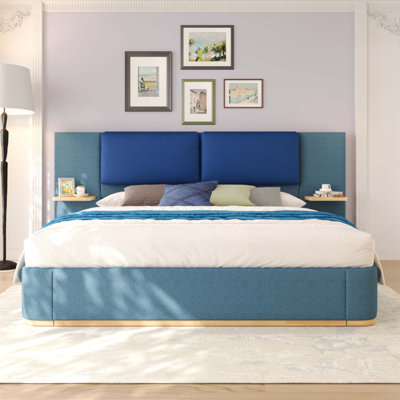 Lit plateforme tapissier avec panneau, coins arrondis anticollision, cadre stable, sans sommier, assemblage facile, tissu luxueux et tablettes intégrées