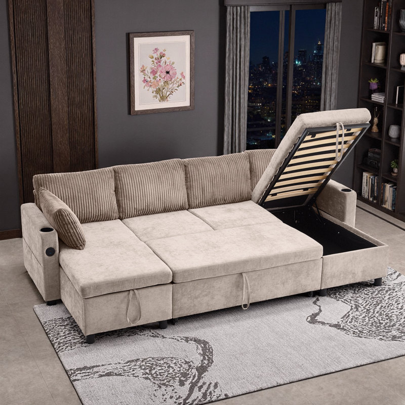 Beige Chenille 113" Sectional Sofa Bed with Storage Chaises, USB Ports & Cup Holders, Brown