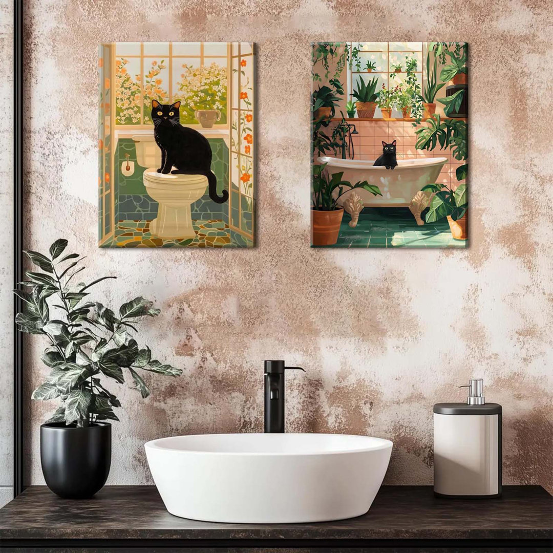 Funny Black Cat Bathroom Wall Art Set Of 2, Eclectic Black Cat In Bathroom Wall Decor Paintings, Whimsical Animal On Toilet Poster Canvas Print Artwor