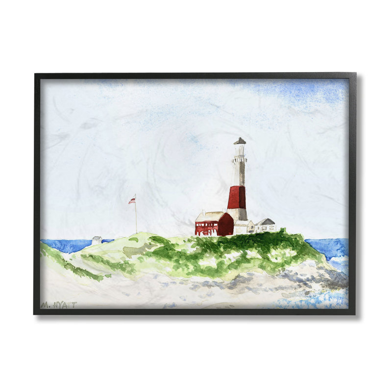 Phare à rayures rouges sur une falaise côtière, Giclée encadrée noir minuit, H 24 po x l 30 po