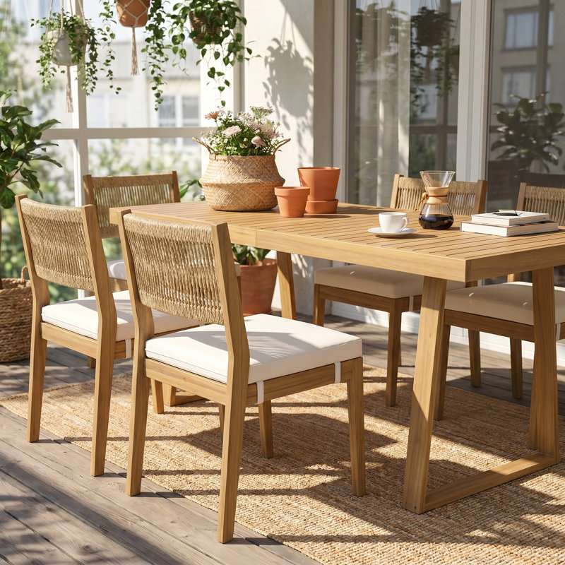 Ensemble repas pour plusieurs personnes en bois d'acacia avec coussins épais - table spacieuse et chaises pour balcon, cour ou jardin