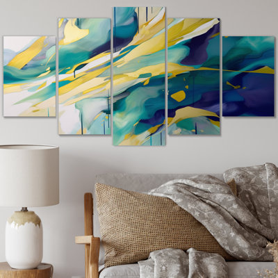 Gold And Turquoise Order In Complexity I - Abstract Shapes Wall Decor - 5 Panels