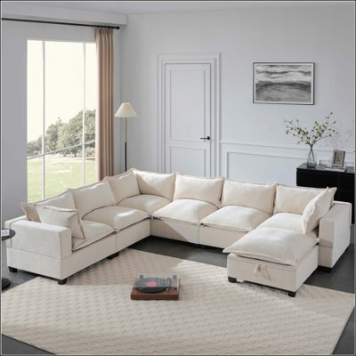 Canapé modulaire modulaire avec repose-pieds de rangement mobile, canapé en U 7 places, siège large et combinaison libre, canapé en chenille surdimensionné pour le salon et l’appartement