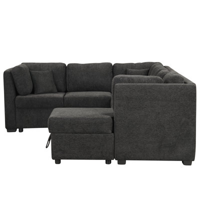 108.6" U-Shaped Living Room Bed With Storage, Ports, 2 Power Sockets, Black Chenille Upholstery Oversized Storage Chaise & Bed,