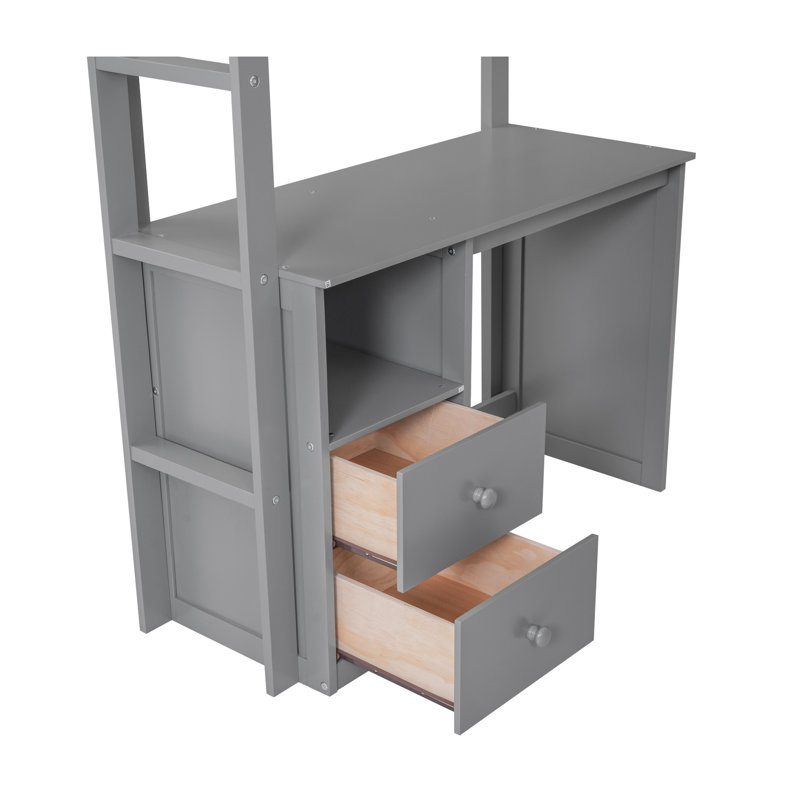 Lit mezzanine simple gris avec armoires mixtes, bureau et armoire 2, Gris, Lit simple