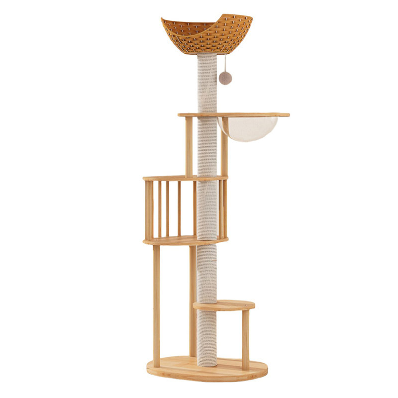 Arbre à chat minimaliste en bois avec poteaux en sisal et nid en rotin pour usage domestique