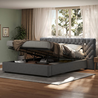 6ft Super King Size Ottoman Bed With Reading Lights Velvet Gray 