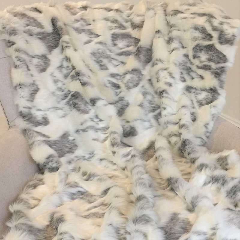 Jeté en fausse fourrure de luxe fabriqué à la main, l 60 po x L 84 po, Ivoire/Gris