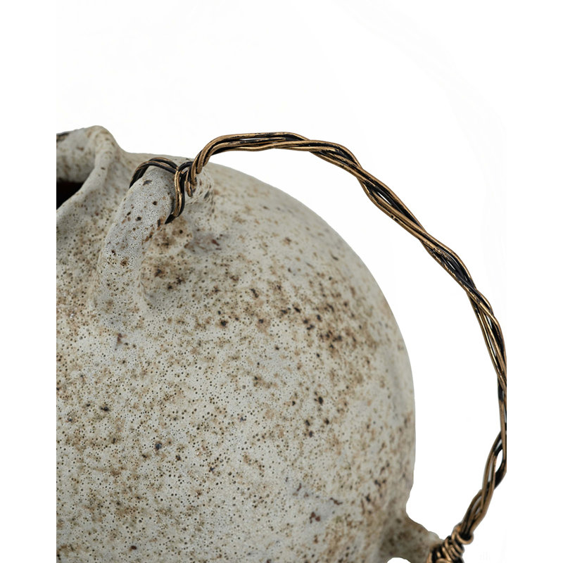 9.8X8.3X10.3" Hand-Pulled Decorative Ceramic Jug With Worn White Finish And Wire-Wrapped Handle