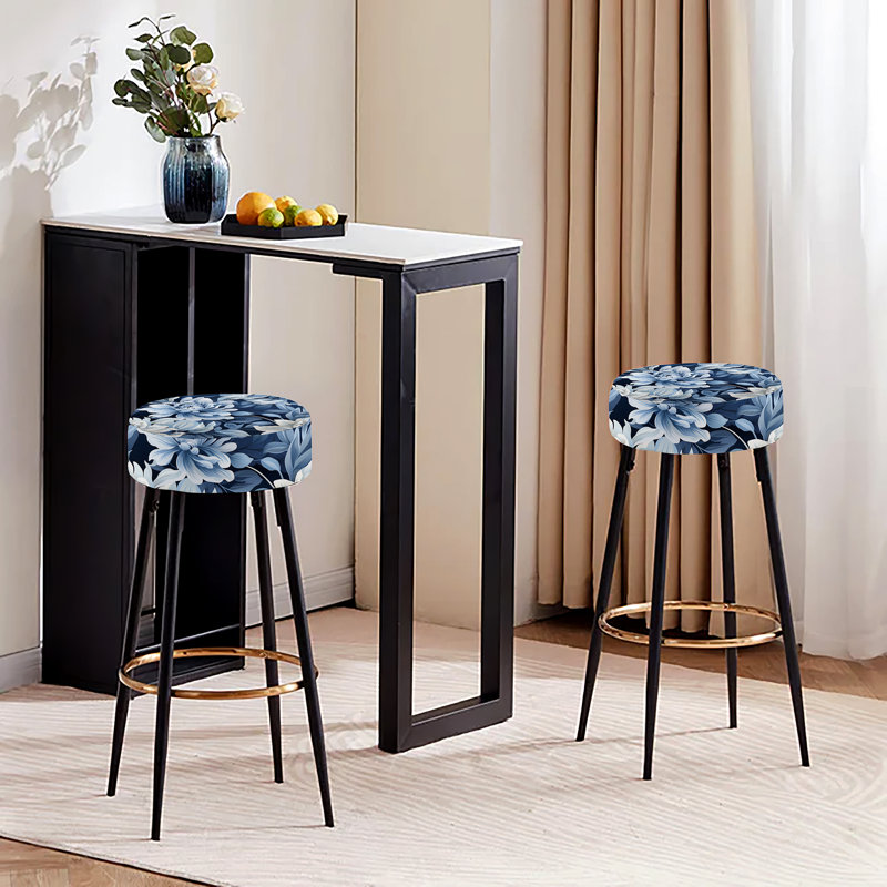 Ensemble de 2 tabourets de bar en forme de pivoines bleues et blanches à motif de fleurs de damas