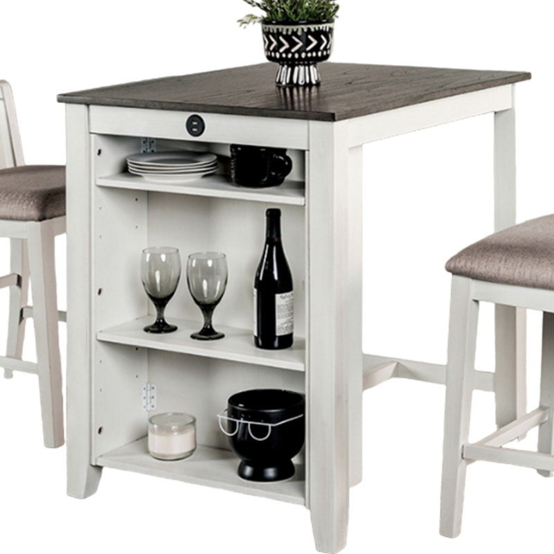 Ensemble de table à hauteur de comptoir 3 pièces Lessi avec tablette latérale Lessi, bois USB, Gris, Blanc, Gris / blanc