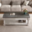 Table basse à plateau relevable avec tablette fixe, plateau de table en bois massif, 3 plateaux de rangement cachés, table à deux niveaux gris antique et blanc vieilli pour le salon-340295080