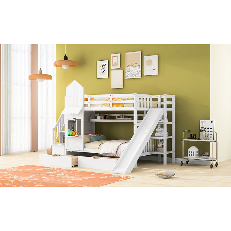 Lit superposé blanc Twintwin avec style, glissade, tiroirs, tablettes, matériaux en bois de pin de haute qualité