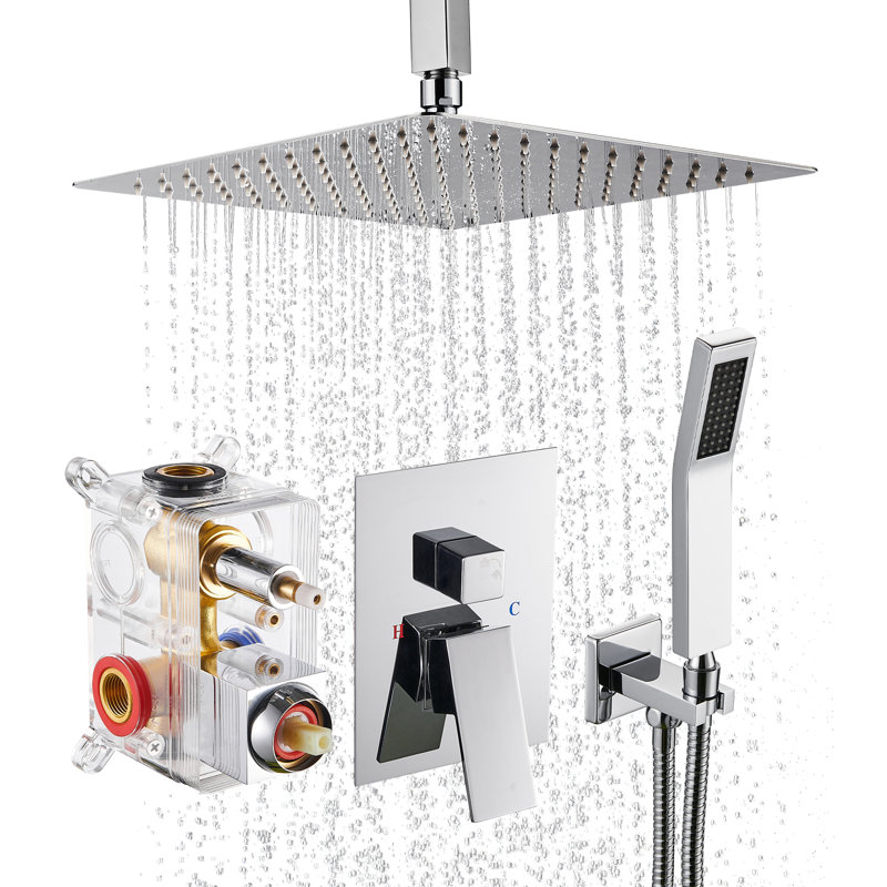 Système de douche à haute pression complet de 10 po fixé au plafond avec valve brute noire matte, Chrome chrome