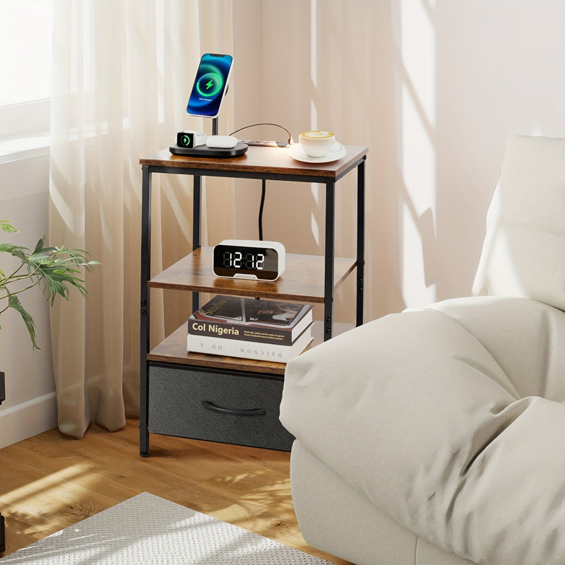 Modern Nightstand With Charging Station & Adjustable Fabric Drawer, 3-tier Storage End Table For Bedroom & Living Room, Black
