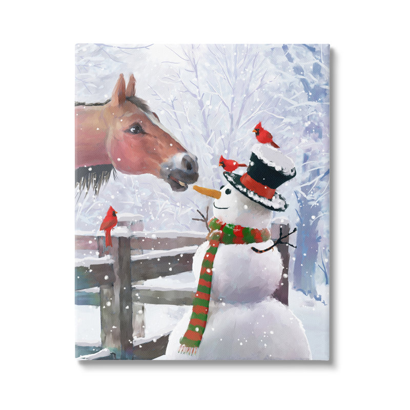 Cheval mangeant un bonhomme de neige, scène de carotte sur toile, H 48 po x l 36 po x P 1,5 po