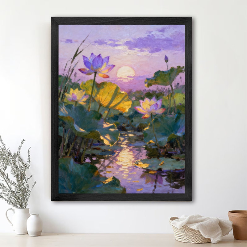Art encadré noir Un étang de lotus légèrement imprégné de nuages mauves, impressions sur toile de style rétro