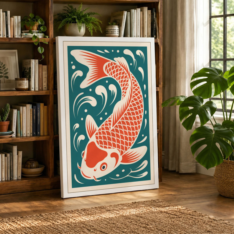 Flowing Koi Japandi 1 Piece Wrapped Canvas Wall Art, 36x24 - 91.4 x 61.0 cm, Teal Border