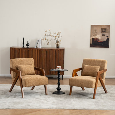 Mid Century Modern Upholstered Chenille Solid Wood Accent Armchair with an Extra Pillow