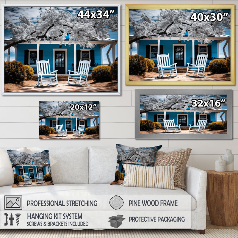 Turquoise Farmhouse Front Porch Tales III - impression, H 16 po x l 32 po x P 1 po, Cadre flottant doré