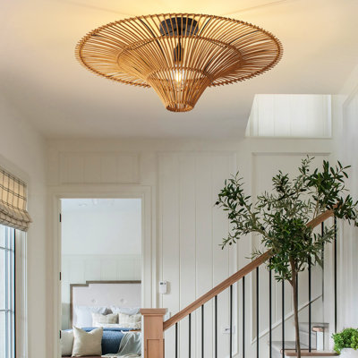 Boho Rattan Flush Mount Ceiling Light, Handwoven Bamboo Ceiling Lamp for Bedroom Living Room Entryway