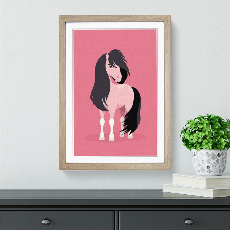 Pony Minimalism - Single Picture Frame Print on Wood, 46cm H x 34cm W x 2cm D, Oak Framed
