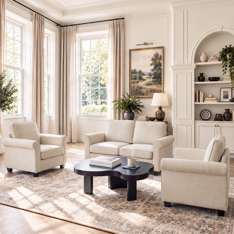 3 Piece Loveseat Living Room Set, Beige