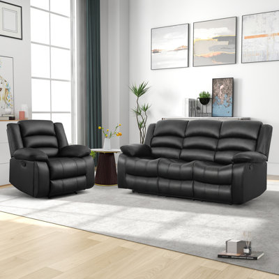 2-Piece Classic Soft Faux Leather Manual Recliner Living Room Set With Hidden Cup Holders