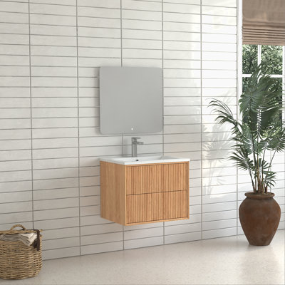 Ensemble de meuble-lavabo flottant 24 po, armoire de salle de bain murale en bois massif avec 2 tiroirs de rangement, lavabo intégré en résine blanche