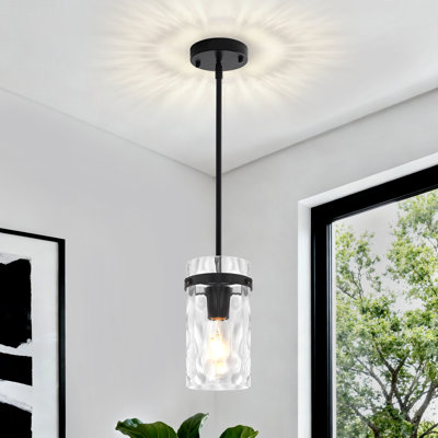 Luminaire suspendu moderne noir à 1 lumière avec abat-jour cylindrique en verre martelé transparent