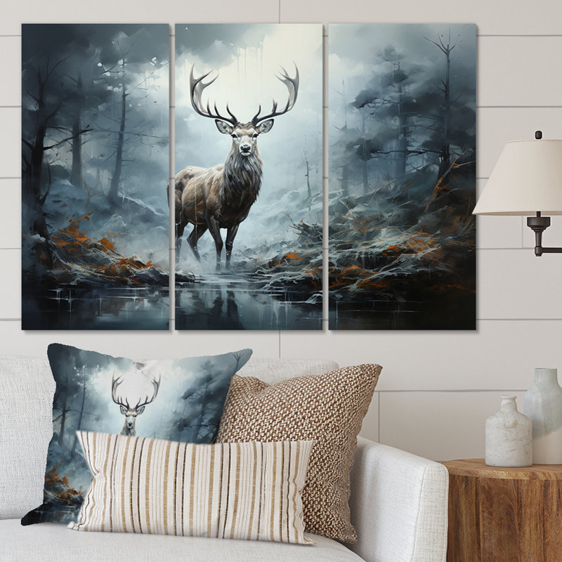 «Deer Whispering Mist I» sur toile, ensemble de 3 pièces, H 28 po x l 36 po x P 1 po