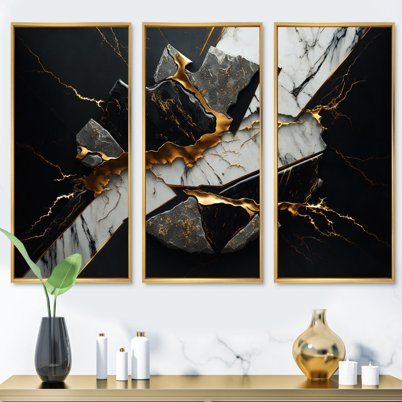 «Abstract Geode Black III», reproduction sur toile flottante 3 pièces, H 32 po x l 48 po, Or
