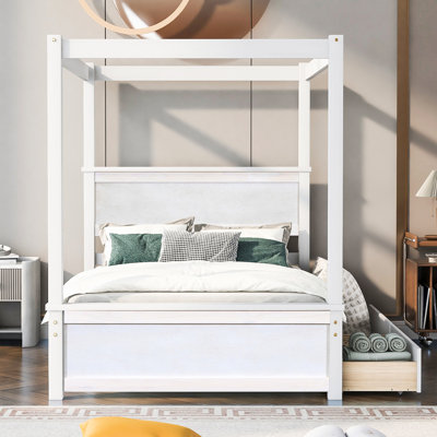 Lit à baldaquin de conception moderne, blanc brossé, avec tête de lit intégrée et 2 tiroirs pour lit de rangement, deux tiroirs, une chambre confortable