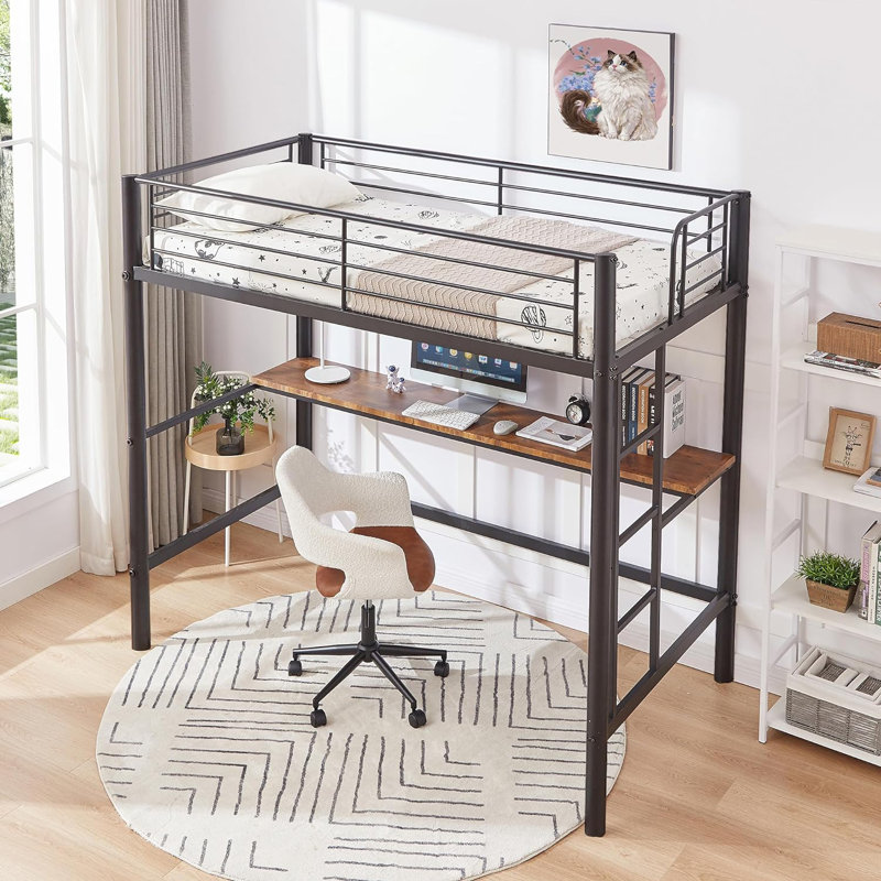 Ensemble de 2 lit mezzanine simple avec bureau, structure de lit superposé en métal robuste avec poste de travail intégré, lit mezzanine peu encombrant