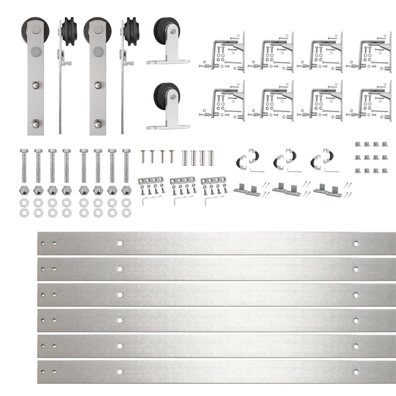 Ensemble de quincaillerie de porte de grange coulissante à triple rail en nickel brossé (pour épaisseur de porte de 1 3/8 po à 1 3/4 po), trois rails plats de 10 pieds de long, pour trois portes intérieures (portes non incluses)